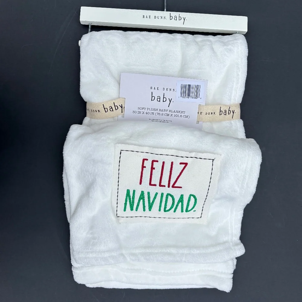 Rae Dunn FELIZ NAVIDAD Christmas Baby Blanket 30” X 40” White Soft Plush Throw